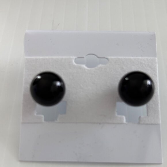 Black Round Ball Stud Earrings With Silver Accents - Picture 1 of 4